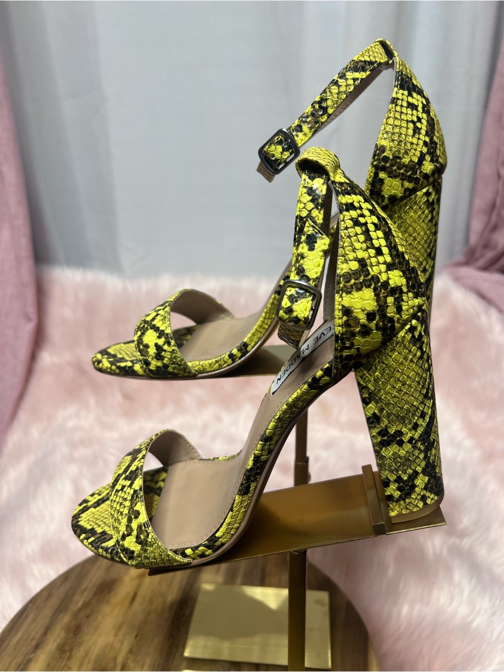 Steve Madden Yellow Snake-Print Ankle Strap Heels